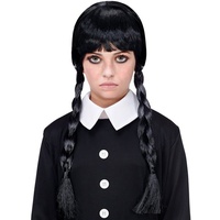 Widmann S.r.l. Kostüm-Perücke Dark Girl Kinder Perücke Wednesday mit Zöpfen und schwarz