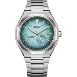Automatikuhr CITIZEN, titansilberfarben, hellblau, Armbanduhren, Herren, Armbanduhr, Herrenuhr, Mechanische Uhr, analog, dezentrale Sekunde