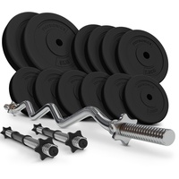 Physionics® Hantelstangen mit Gewichten - 36/56/76 kg Set, SZ Curl Bar (120cm, 30 mm, bis 500 kg), 2 Kurzhanteln - Hantelset, Hantelscheiben, Langhantelstange, Hanteln (Kurzhanteln + Curlstange 36KG)