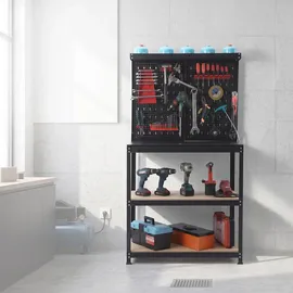 Relaxdays Werkbank, HBT: 155x80,5x41 cm, 3 Ebenen, mit Lochwand, Ablage & Zubehör, Stahl & MDF, Werkstattregal, schwarz