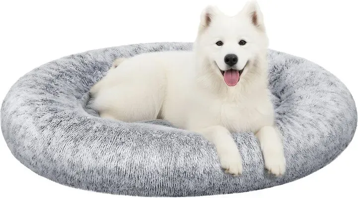 Flauschiges Hundebett, Katzenbett, Donut-Kissen, waschbar, herausnehmbare Mittelpolsterung, langfloriger Plüsch, 120 cm Durchmesser, Ombre-Grau
