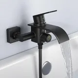 KULACO Badewannenarmatur Wasserfall, Schwarz Wasserhahn Badewanne Mischbatterie aus Messing, Wannenarmatur Badezimmer Duscharmatur mit Druckschalter, Badewanne Armatur Dusche zur Wandmontage