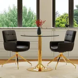 Esstisch- Und Stuhl-set Glas/pu-leder Schwarz-gold Transparent Ø85x76 Cm, 2 Drehbare Stühle, Mivray