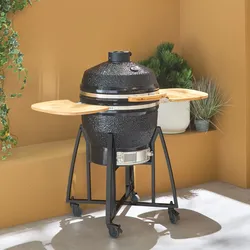 Holzkohlegrill aus Keramik Kamado Ø 57cm, mit Schiebewagen, Warmhalter, Aschefänger und Deckel, ausziehbare Ablagen