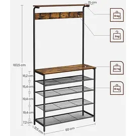 VASAGLE Garderobenbank 80,0 x 183 x 0 cm mit Haken / braun/schwarz