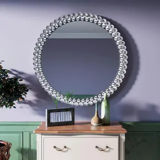BST FURNH Runder Spiegel Wanddekoration, 60cm, dekorativer Wandspiegel mit Glasrahmen, Kristallrahmen, Strassspiegel für Wand, Silber, dekorative Wandspiegel, runder Spiegel