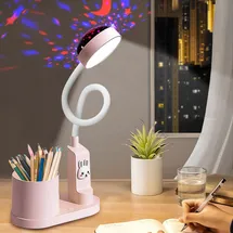 Aicharynic Kinderschreibtischlampe: Led-nachttischlampe Mit Stifthalter, Dimmbare Tischlampe Mit Sternenprojektion, 360° Verstellbar, Für Kinderzimmer (rosa)