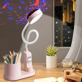 Aicharynic Kinderschreibtischlampe: Led-nachttischlampe Mit Stifthalter, Dimmbare Tischlampe Mit Sternenprojektion, 360° Verstellbar, Für Kinderzimmer (rosa)