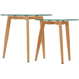 Homestyle4u Couchtisch Rund Glas 2er Set, Beistelltisch Holzoptik Glastisch Ø 50 & 40 cm