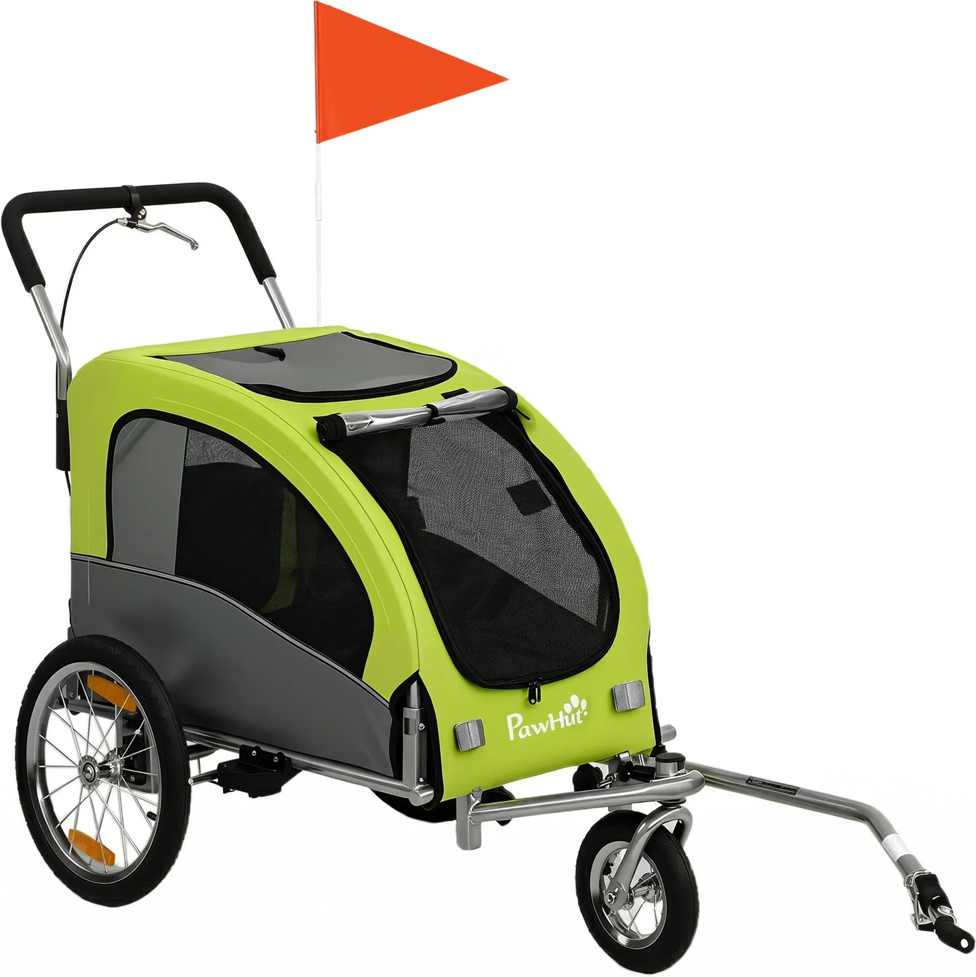 PawHut 2-in-1 Hundeanhänger für Fahrrad Hundebuggy für kleine & mittelgroße Hunde bis 20 kg Faltbarer Fahrradanhänger mit 600D Oxford, Reflektoren, Handbremse, Universelle Kupplung, Grün   Aosom