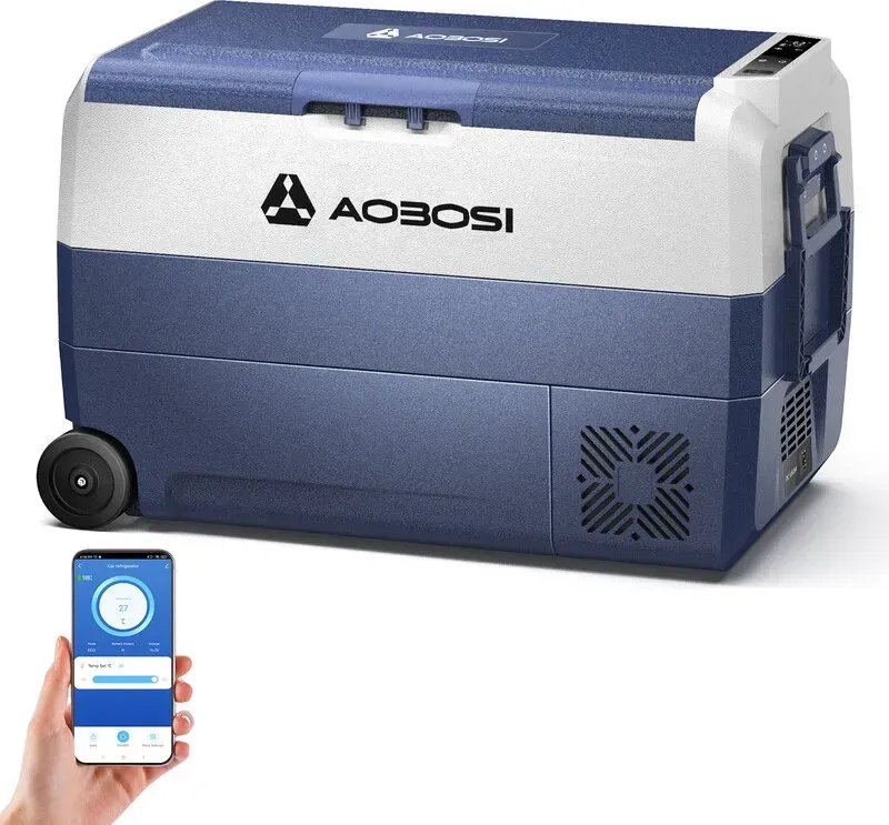 AAOBOSI 50L Kompressor Auto-Kühlschrank (App-gesteuert) – Tragbarer Auto-Kühlschrank/Gefrierschrank, unterstützt 12/24V DC & 100–240V AC, Temperaturbereich: -20°C bis 20°C; ideal für Autos, LKWs, Wohnmobile, Yachten, Camping und Reisen.