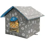 Katzenhaus Outdoor, Katzenhöhle für Draußen, Katzenhaus Für Draußen Winterfest Wasserdicht, Welpenhütte im Freien, Mit abnehmbarem Transparentem Vorhang (S, Grauer Druck)