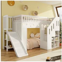 Flieks Etagenbett, Hochbett Kinderbett 90x200cm mit Rutsche Stauraumtreppe LED-Leiste weiß