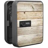 banjado Schlüsselkasten Stahl Graues Holz (Stahlgehäuse, Zahlenschloss, mit 20 Haken), 20 x 16 x 9,3 cm schwarz 16 cm x 20 cm x 9 cm