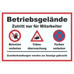 Schild Betriebsgelände Mitarbeiter Betreten Video Parken A1 (594x841mm)