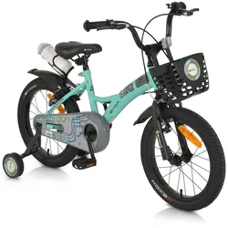 Byox Kinderfahrrad Robo 16 Zoll Stützräder, Flasche, Klingel, Korb, Metallrahmen grün