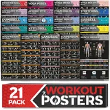 GRAND BASICS Laminiertes großes Workout-Poster-Set – perfekte Workout-Poster für das Fitnessstudio zu Hause – Übungsdiagramme inkl. Hantel, Yoga-Posen, Kettlebell, Stretching und mehr Fitness-Poster