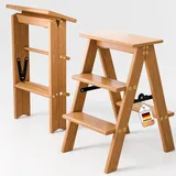 3 Stufen Leiter, Trittleiter 3 Stufen klappbar,Trittleiter Holz, klappbarer Holztritt, klappbarer Tritthocker mit breitem Anti-Rutsch-Pedal,150 kg Tragkraft (Holz K3)