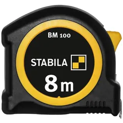 STABILA Taschenbandmaß BM 100, 8 m, Maßband mit metrischer Skala, bruchsicheres ABS-Gehäuse, beweglicher Anfangshaken, Gürtel-Clip, MID-Genauigkeit - 19581
