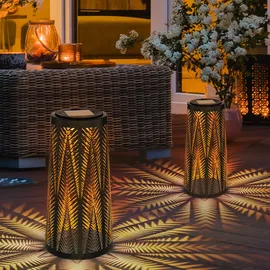 ETC Shop Solarlampe Tisch aussen Solarlicht Tisch für Außen Solar Laterne Balkon schwarz, Säule mit Lichteffekt, goldenes Innere,1x LED warmweiß, H 24,5 cm