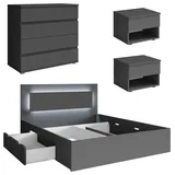 Feldmann-Wohnen Schlafzimmer-Set Fino, (4-teilig, 1 Doppelbett, 2 Nachtkonsolen, 1 Schubladenkommode, 4-tlg., moderne Optik, ohne Soft-Close, LED im Kopfteil), mit LED-Licht, graphit grau 368 cm x 100 cm x 204 cm