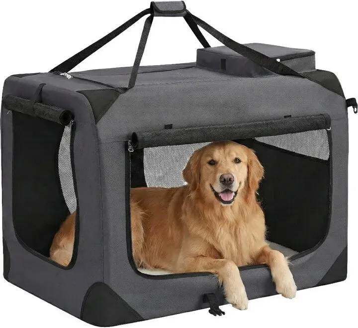 Faltbare Haustierrucksack-Tasche, tragbare Hundereisebox, Haustier-Reisebox mit weichen Seitenwänden für Hund und Katze, große Hundetragebox fürs Auto mit atmungsaktivem Netzstoff und Aufbewahrungstaschen, 102 x 69 x 69 cm, Grau