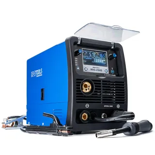 IPOTOOLS MIG-250S 5in1 MIG MAG Schweißgerät - Synergic Schutzgas Schweissgerät mit 250 Ampere FLUX Fülldrahtschweißgerät ohne Gas Elektroden/E-Hand geeignet/Digital/IGBT / 230V / 7 Jahre Garantie