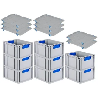 Proregal Spar Set 8x Eurobox Nextgen Color Mit Auflagedeckel & Schiebeschnappverschlüsse HxBxT 22 x 30 x 40 cm Griffe Blau Geschlossen Glatter Boden