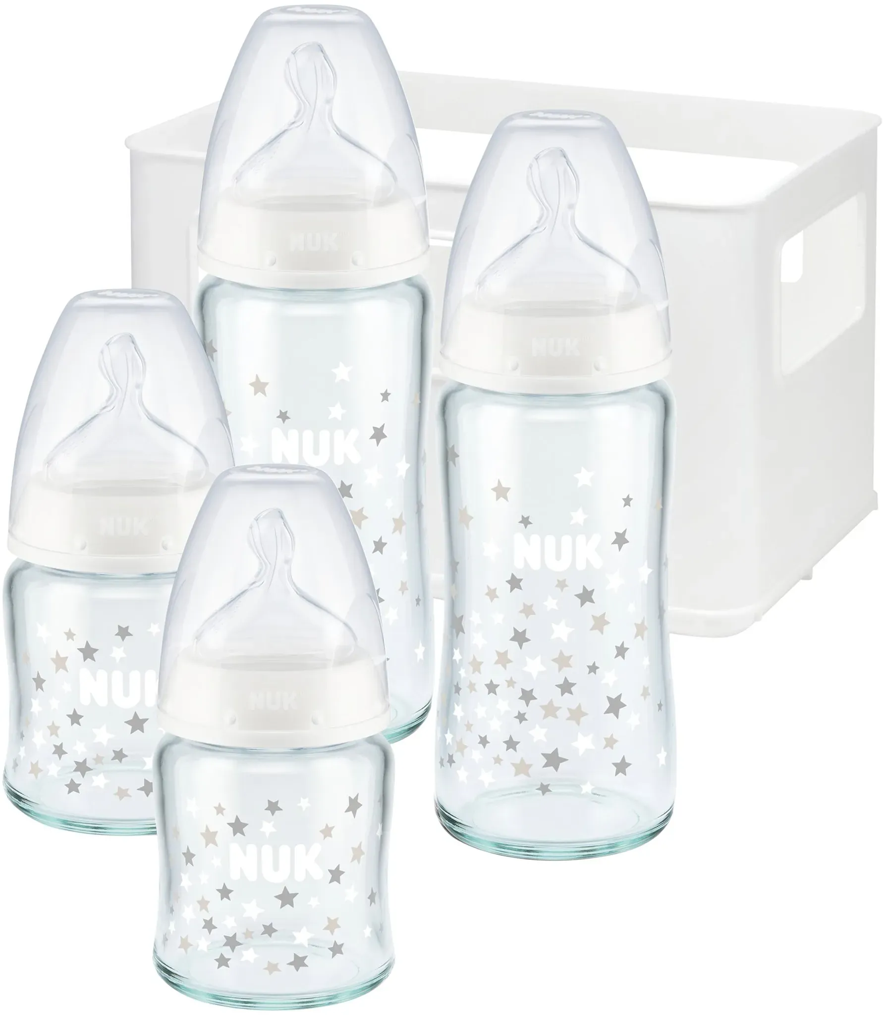 NUK 5-tlg. Babyflaschen-Set First Choice Plus, Anti-Kolik-Weithals, 120-240 ml, Glas und Silikon, 0-6M, weiss