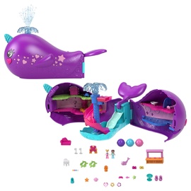 POLLY POCKET Sparkle Cove Narwal-Abenteuer Boot - 2 Puppen, 3 auflösbare Perlen, 13 Zubehörteile, 2 Etagen, 6 Spielbereiche, Wasserspieloptionen, für Kinder ab 4 Jahren, HKV71