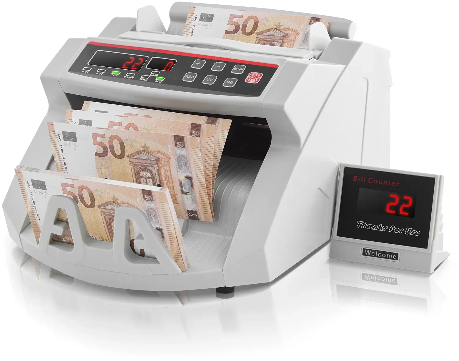 VEVOR FJ0288 Geldzählmaschine Weiß mit Echtheitprüfung, Banknotenzähler 1000 Stück/min mit UV- und MG-Systemen, 7 kg mit LED-Bildschirm für Euro, Dollar, Pfund (26 x 23,5 x 17 cm)