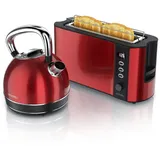 Arendo Frühstücks-Set Edelstahl Wasserkocher 1,7l, 2-Scheiben Langschlitz Toaster, rot (2-tlg), Frühstücksset, Wasserkocher Retro, 2200W, Toaster Brötchenaufsatz rot