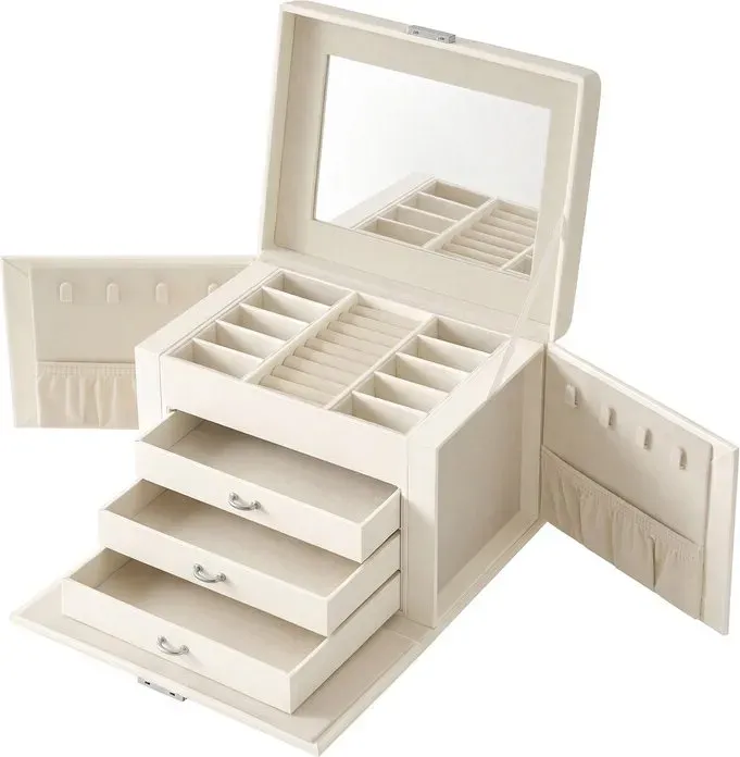 Ochama 4-stufige Schmuckbox, abschließbarer Schmuck-Organizer mit Griff, 3 Schubladen, Reiseschmuckkästchen mit Spiegel, Schmuckaufbewahrung, Geschenkidee, Deckel in Wolkenweiß, Innenfutter in Cremeweiß