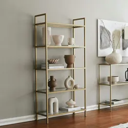 Dmora Bücherregal Diannell, Büroregal, Mobiler Buchhalter, Bücherbrett, 80x30h165 cm, Gold