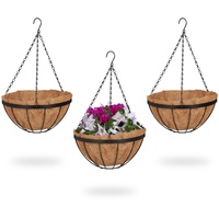 Relaxdays Blumenampel, 3 Körbe, HxD: 50x31 cm, Hängepflanzen, innen & außen, Kokoseinlage, Metallgestell, braun/schwarz