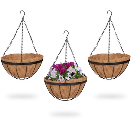 Relaxdays Blumenampel, 3 Körbe, HxD: 50x31 cm, Hängepflanzen, innen & außen, Kokoseinlage, Metallgestell, braun/schwarz