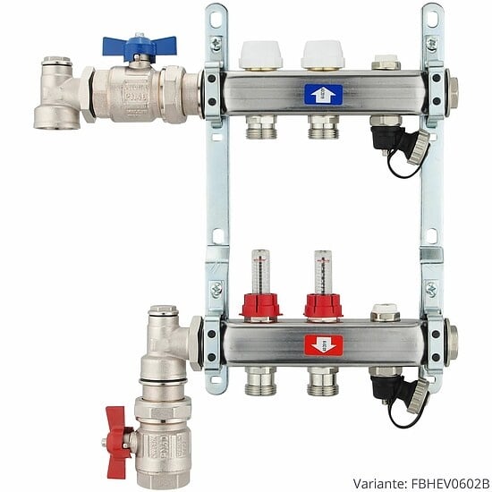 Fußbodenheizungsverteiler aus Edelstahl mit Topmeter für 2 Heizkreise - mit Anschlussset senkrecht