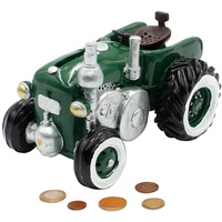 Dekohelden24 Spardose als Traktor aus Poly - Sparauto - Sparbüchse in grün mit Gummiverschluss, Größe L/B/H: ca. 16 x 11 x 11 cm