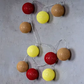 levandeo 10er Lichterkette LED Ø6cm Kugeln Girlande Lampions Baumwolle Rot Gelb Deko - Rot/Gelb/Braun