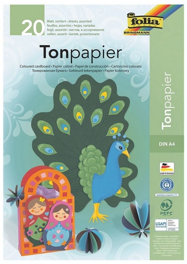 Folia Bastelkartonpapier, Tonpapier in 10 Farben, Format A4, 130 g/m2, 20 Blatt blau|braun|bunt|gelb|grün|rot|schwarz