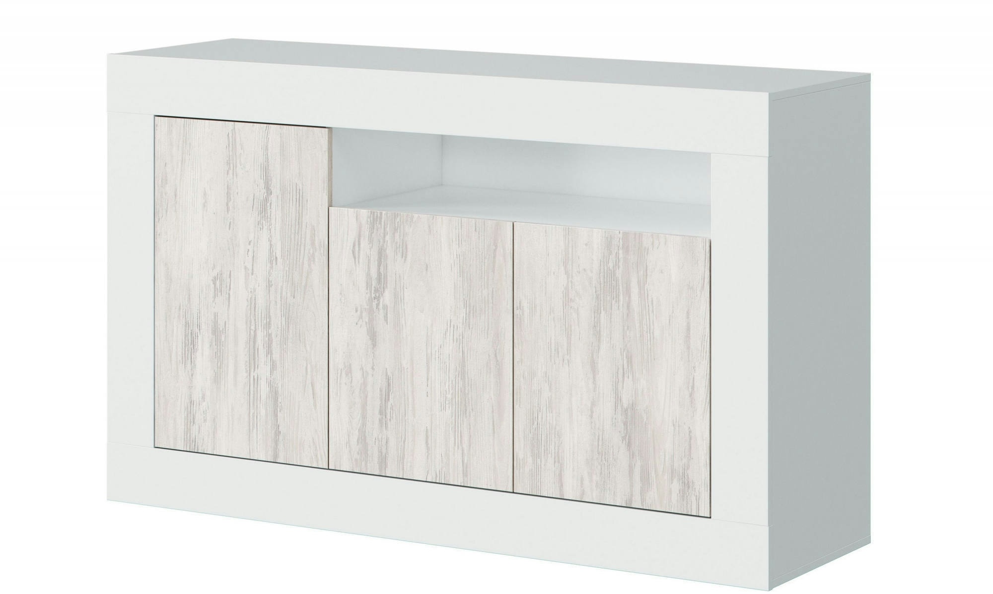 Dmora Highboard Thornton, Modernes Sideboard mit 3 Türen, Wohnzimmer-TV-Ständer-Buffet, 144x42h87 cm, Weiß