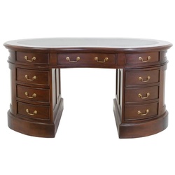 Casa Padrino Luxus Mahagoni Schreibtisch Dunkelbraun / Grün 158 x 87 x H. 83 cm - Ovaler Massivholz Bürotisch - Mahagoni Büro Möbel - Luxus Büro Möbel