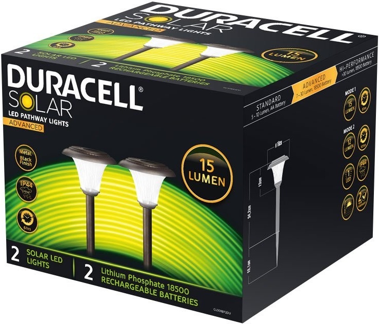 2er Set Duracell LED Solar Gartenlampe mit bis zu 15 Lumen, rostfreier Edelstahl, mit Lithium LiFePO4 Akku