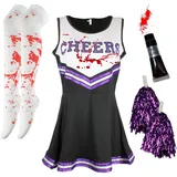 Cheerleader-Kostüm für Damen, Halloween-Kostüme für Damen, Cheerleader-Halloween-Kostüm, Erwachsenen-Zombie-Cheerleader-Halloween-Kostüm für Damen, totes Cheerleader-Blutschlauch, Strumpf, schwarz, - M