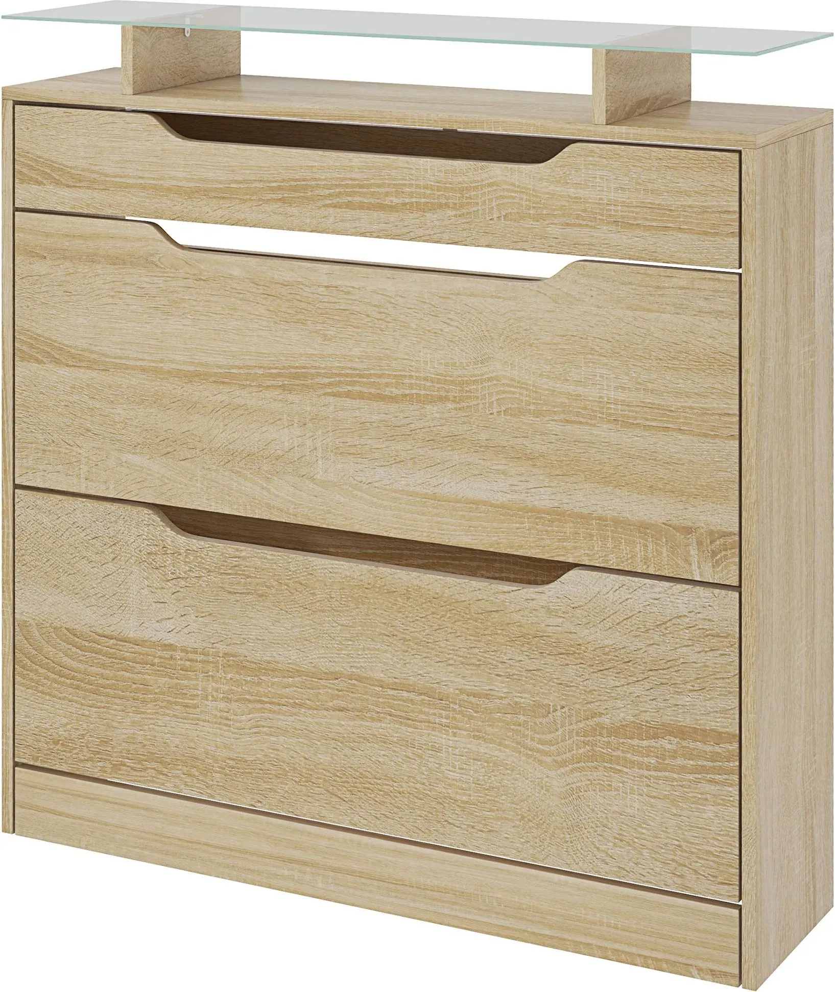 HOMCOM Schuhschrank mit 2 klappbaren Türen + 1 herausziehbarer Schublade + 1 Schublade und 1 Glasregal, Höhenverstellbarer Regal auf 2 Ebenen 89 x 23 x 96 cm Eiche   Aosom