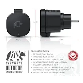 Bearware 2x Wifi Outdoor Steckdose 2,4 Ghz WLAN Steuerung per App Smart Life / IP44