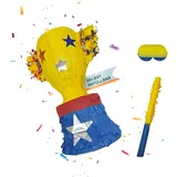Relaxdays Pinata Pokal, mit Stab & Maske, zum Aufhängen, Kinder, Geburtstag, zum Befüllen, HBT: 38x30,5x19 cm, bunt