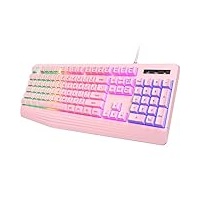 yesbeaut Pinke Gaming-Tastatur, Regenbogen-LED-Hintergrundbeleuchtung, 104 Tasten, leise, beleuchtete, cremige Tastatur mit Handballenauflage, PBT-Tastenkappe, Anti-Ghosting, wasserdicht,