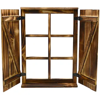 UNUS Deko-Fenster Sprossenfenster mit Fensterläden Holz geflammt Holzfensterrahmen Dekofensterrahmen Dekorahmen Dekofenster