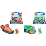 PAW PATROL, Luftkissenboot mit Zuma-Figur (Sustainable Basic Vehicle/Basis Fahrzeug) & Recycling-Truck mit Rocky-Figur (Sustainable Basic Vehicle/Basis Fahrzeug), Spielzeug für Kinder ab 3 Jahren